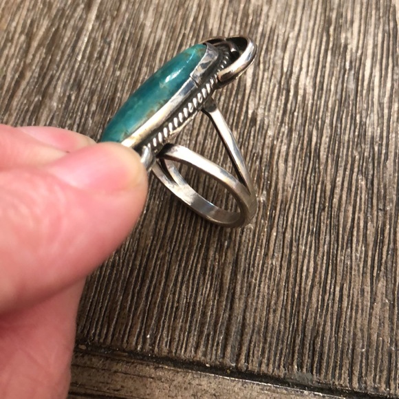 Vintage Marquise Shaped Turquoise Sterling Silver Ring Approx Size 9 - Picture 6 of 17